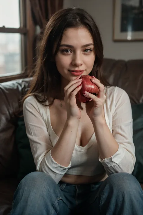 photograph close up portrait of Young Russian woman(full clothed) handing an apple on sofa,happy,excited, cinematic 4k epic detailed 4k epic detailed photograph shot on kodak detailed bokeh cinematic hbo dark moody, STOCK PHOTO, super high resolution