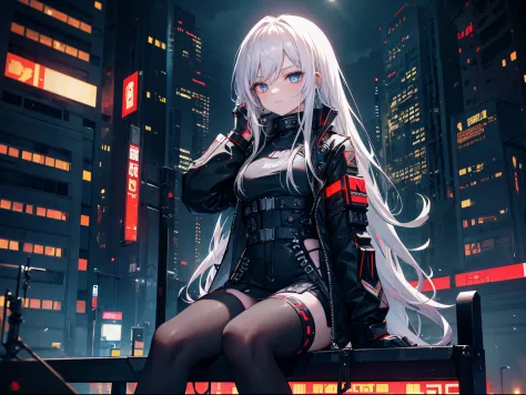 cyberpunk style, a young girl with white hair, long_hair , sit on black bench, wear golden earring, powered exoskeleton, in city...