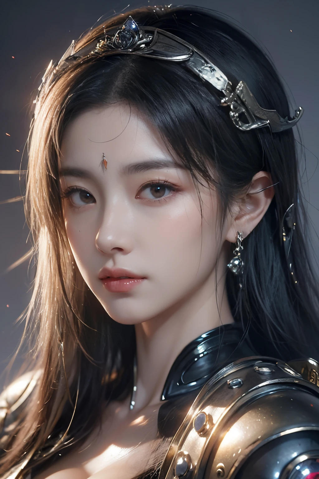 tmasterpiece,Best quality,A high resolution,8K,(Portrait),Head close-up,Digital Photography,(The goddess of mercy full of cyberpunk style),(Guanyin bodhisattva),Halo of red magic shining behind the characters,White hair,A plump chest,cleavage,Elegant and serious,Arrogant and indifferent,(The Crown of the Gods),ancient and mysterious,stately,greybackground,oc render reflection texture