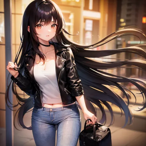 20 Year Old Girl, Long black hair, loose hair, bangs on her head, Brown eyes, small chest, black leather jacket, Jeans, Backgrou...