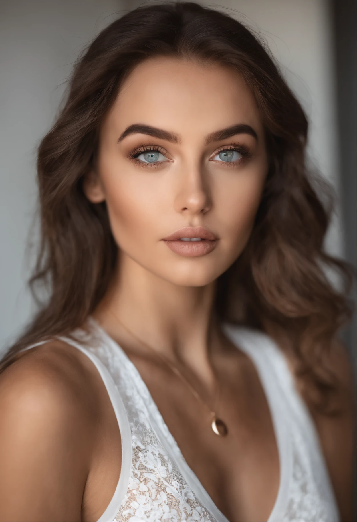 Arafed woman with a white tank top and necklace, fille sexy aux yeux verts, Portrait Sophie Mudd, cheveux bruns et grands yeux, selfie of a young woman, Yeux de chambre, Violet Myers, sans maquillage, maquillage naturel, looking straight at camera, Visage avec Artgram, Maquillage subtil, Superbe photo du corps entier, piercing green eyes, Bel angle, pose attrayante, fille mignonne, sexy pose, Image du corps entier, corps entier, Prise de vue du corps entier, brunette goddess, High detail, pose satisfaite, Porter une jupe grise et des bottes, jupe, Bottes