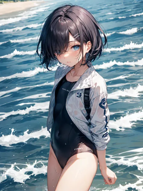 of the highest quality, anime moe art style,Best Anime 8K Konachan Wallpapers,Pixiv Contest Winner,Perfect Anatomy, BREAK,(Draw a picture of a girl in a swimsuit walking on the beach.),BREAK, 1girl is a beautiful girl with poor luck.,(Solo,Lori,child,13yea...