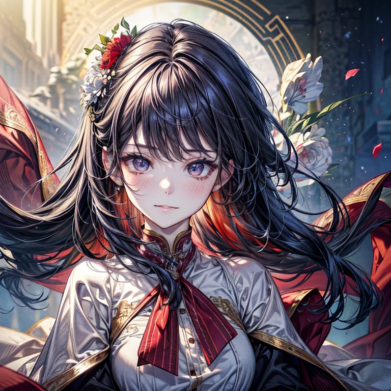 Vista, Panorama, Perspective, Depth of Field, Bust, Upper Body, Cinematic Angle, Masterpiece, Best Quality, Ultra Detailed, CG, 8K Wallpaper, Beautiful Face, Delicate Eyes, A Maiden, Solo, Smile, Silver Hair, Golden Eyes, Fair Skin, Hair Strands, Red Scarf, White Evening Dress, Rose Field, Red Flowers, Roses, Flower Field, Petals, Flying Petals, Smiling