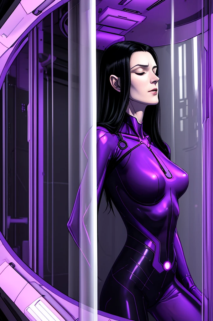 Thin anorexic woman, pale, long neck, long black hair, large breasts, hour glass frame.wears a purple v neck bodysuit, she is on a space ship. She is inside a stasis glass tube. She is asleep with her eyes closed. Her hands are clasped tighter as if she were praying