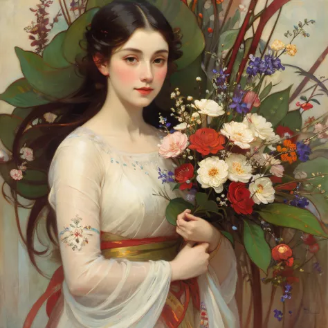 Woman with bouquet of flowers，by mucha，an oil painting