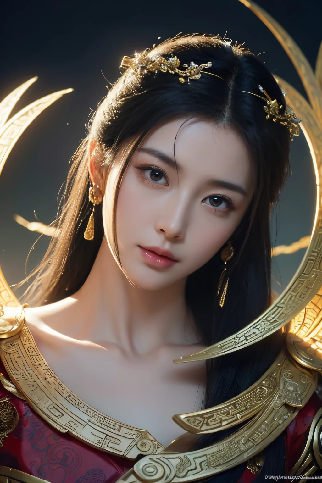 tmasterpiece,Best quality,A high resolution,8K,(Portrait),Head close-up,Original photo,digital photography,(Nu Wa in Chinese mythology),(The mythical female image of the human body),(Women in the ancient fantasy style),black color hair,A plump chest,Fairy fluttering antique trench dress,luxury decorations,Keep your mouth shut,Elegant and noble,Serious and indifferent,Eight trigrams,art for the game,A style that combines ancient times and the future,There are Bagua patterns in Chinese colors in the background,oc render reflection texture