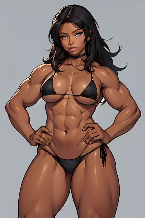 girl 1girl dark skin muscular toned body thick thighs black hair brown eyes long hair grey background bodybuilder string bikini