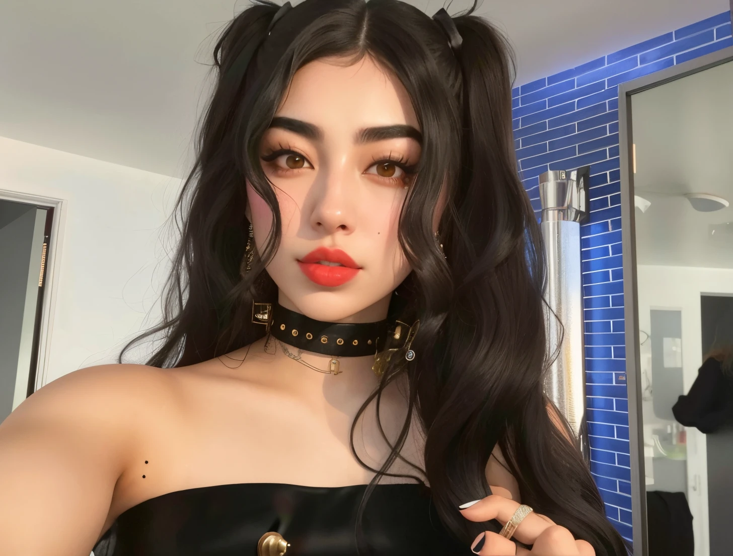 A close up of a woman with long hair wearing a black dress - SeaArt AI