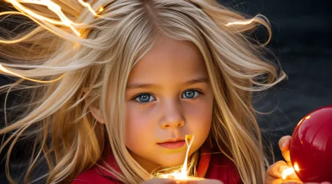 a close-up of a blonde child with long hair, BIG BALL OF electrified ICE IN HANDS. FUMO VERMELHO.