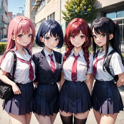 4 school girls wearing school dress , 1st ones hair is red, 2nd ones hair is black, 3rd ones hair is blue, 4th one hair is pink,...