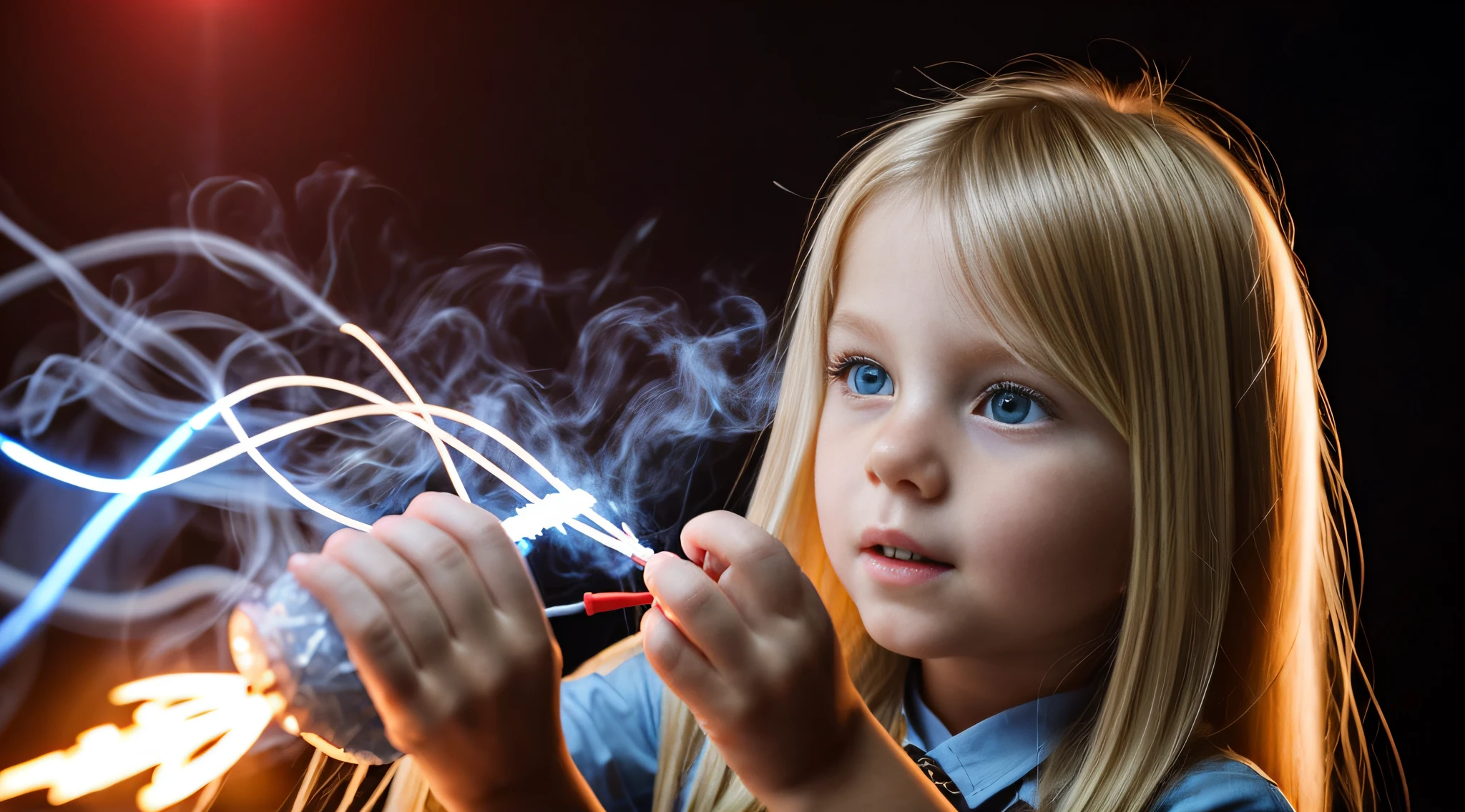 a close-up of a blonde child with long hair, BIG BALL OF electrified ICE IN HANDS. FUMO VERMELHO.