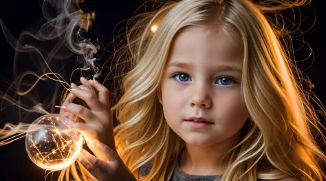 a close-up of a blonde child with long hair, BIG BALL OF electrified ICE IN HANDS. FUMO VERMELHO.