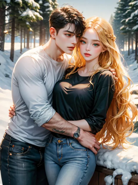 couple, 1 girl 1 boy, different hair color, long blonde hair, wavy hair, no bangs, grey eyes. pullover and jeans. short black ha...