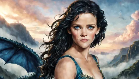 ((melhor qualidade)), ((obra-prima)), (detalhado), empress dragon "reese witherspoon", olhos realistas, cabelo preto, olhos azui...