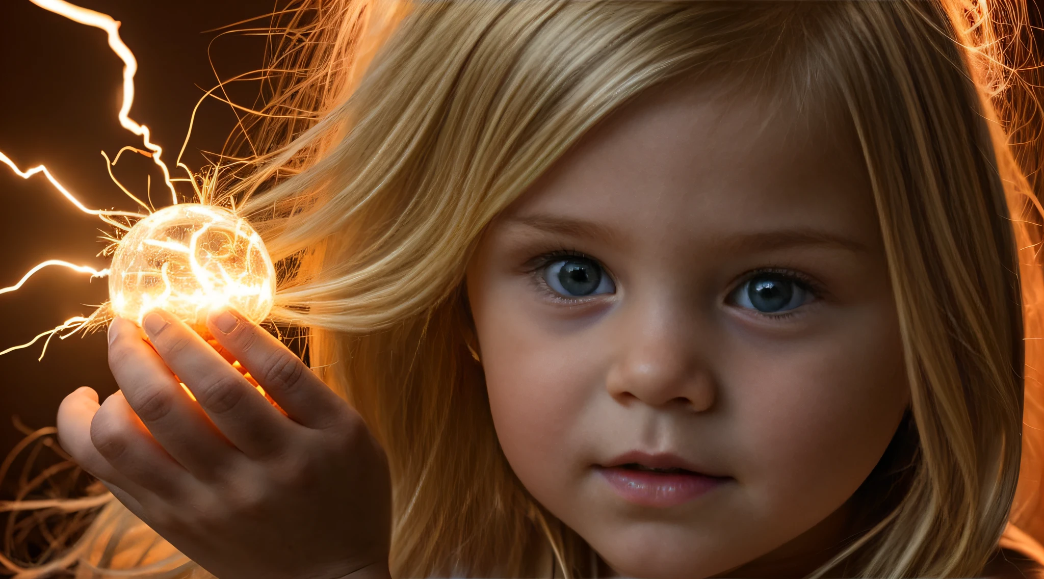 a close-up of a blonde child with long hair, BIG BALL OF electrified ICE IN HANDS. FUMO DIABO VERMELHO.