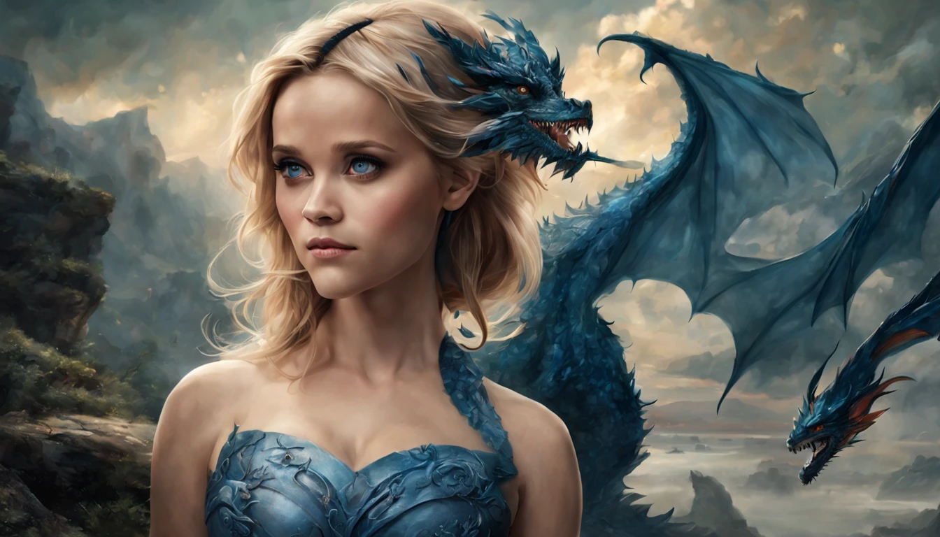 ((melhor qualidade)), ((obra-prima)), (detalhado), Empress Dragon "Reese Witherspoon", olhos realistas, cabelo preto, olhos azuis, seios pequenos, vestido vermelho de setin koreano sensual, paisagem maligna, ethereal beauty, (Fantasy Illustration:1.3), olhar encantador, pose cativante, garota solo, charme sobrenatural, mystical sky, noite enluarada, cores suaves, (paisagem nublada detalhada:1.3), (alta resolução:1.2) (Blue dragon flying in the sky) vestido vermelho, sobre uma colina, An army passing far into a canyon below.