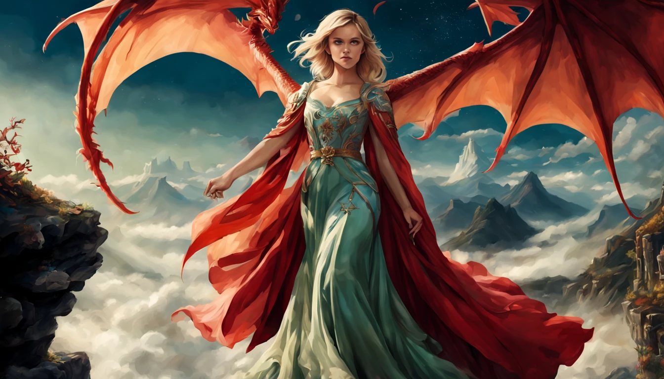 ((melhor qualidade)), ((obra-prima)), (detalhado), Empress Dragon "Reese Witherspoon", olhos realistas, cabelo preto, olhos azuis, seios pequenos, vestido vermelho de setin koreano sensual, paisagem maligna, ethereal beauty, (Fantasy Illustration:1.3), olhar encantador, pose cativante, garota solo, charme sobrenatural, mystical sky, noite enluarada, cores suaves, (paisagem nublada detalhada:1.3), (alta resolução:1.2) (Blue dragon flying in the sky) vestido vermelho, sobre uma colina, An army passing far into a canyon below.