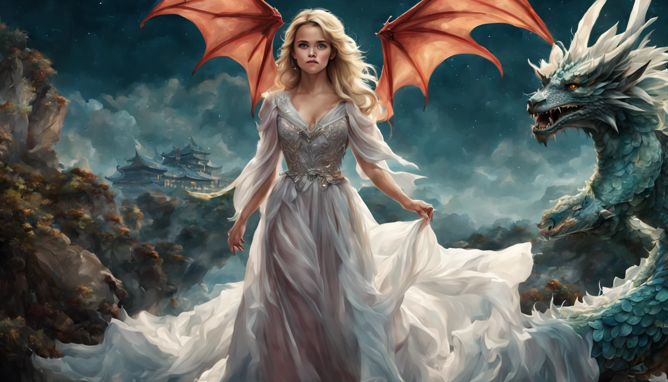 ((melhor qualidade)), ((obra-prima)), (detalhado), Empress Dragon "Reese Witherspoon", olhos realistas, cabelo preto, olhos azuis, seios pequenos, vestido vermelho de setin koreano sensual, paisagem maligna, ethereal beauty, (Fantasy Illustration:1.3), olhar encantador, pose cativante, garota solo, charme sobrenatural, mystical sky, noite enluarada, cores suaves, (paisagem nublada detalhada:1.3), (alta resolução:1.2) (Blue dragon flying in the sky) vestido vermelho, sobre uma colina, An army passing far into a canyon below.