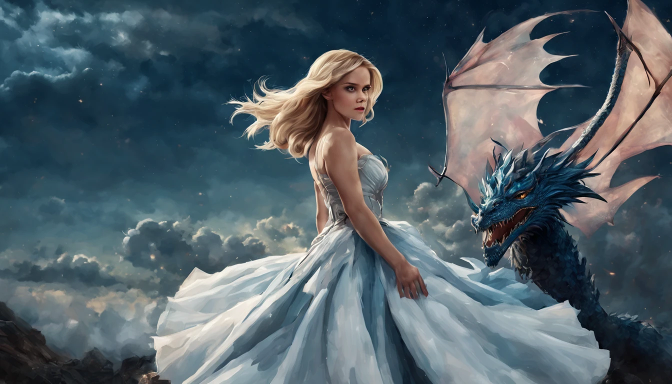 ((melhor qualidade)), ((obra-prima)), (detalhado), Empress Dragon "Reese Witherspoon", olhos realistas, cabelo preto, olhos azuis, seios pequenos, vestido vermelho de setin koreano sensual, paisagem maligna, ethereal beauty, (Fantasy Illustration:1.3), olhar encantador, pose cativante, garota solo, charme sobrenatural, mystical sky, noite enluarada, cores suaves, (paisagem nublada detalhada:1.3), (alta resolução:1.2) (Blue dragon flying in the sky) vestido vermelho, sobre uma colina, An army passing far into a canyon below.