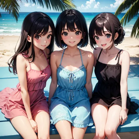 4 girl going on summer vacation at beach, smiling face, wearing summer dress, looking at viewer high resolution