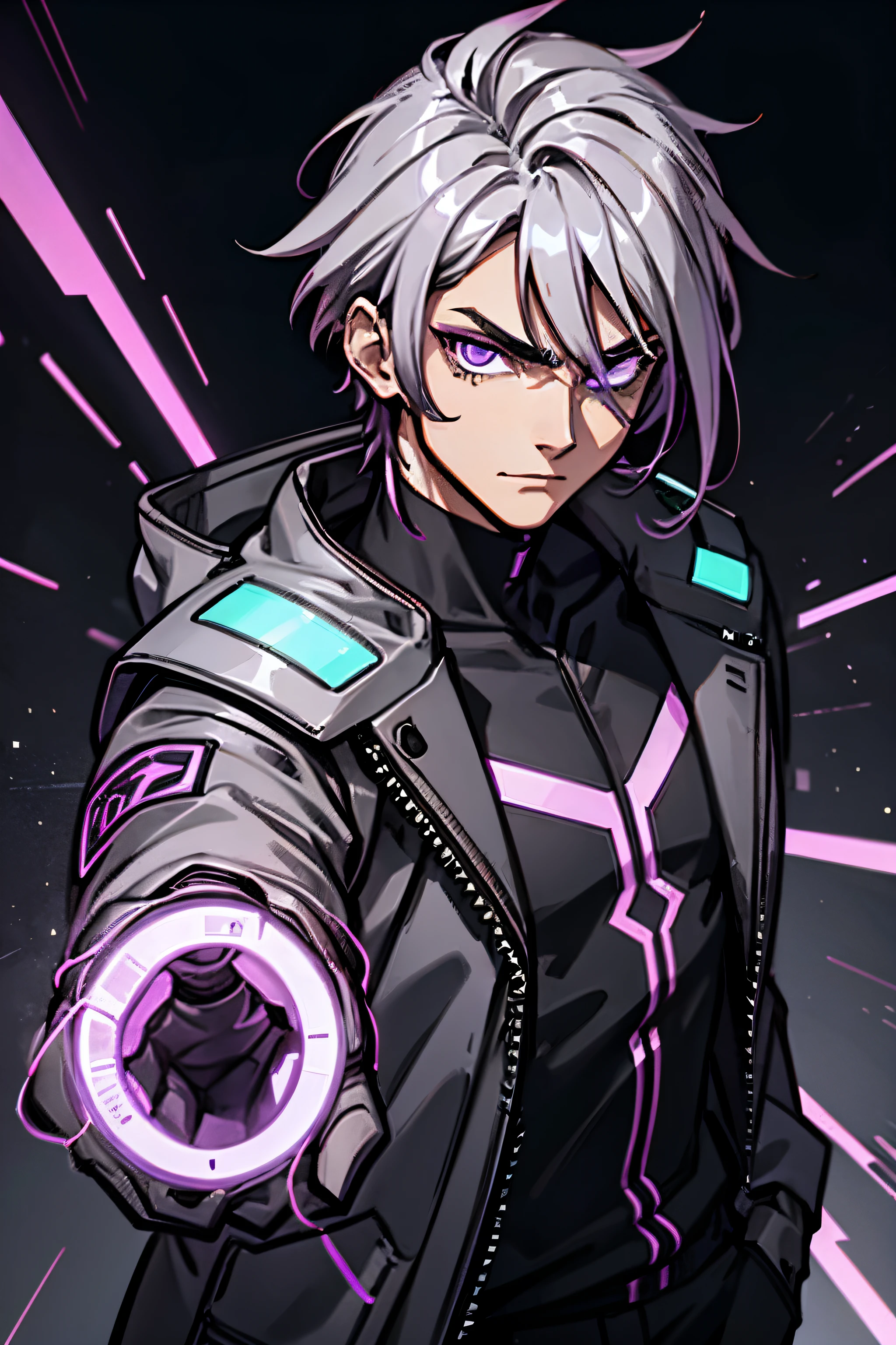 1guy,dark gray hair,light violet left eye,wearing black neon violet strike