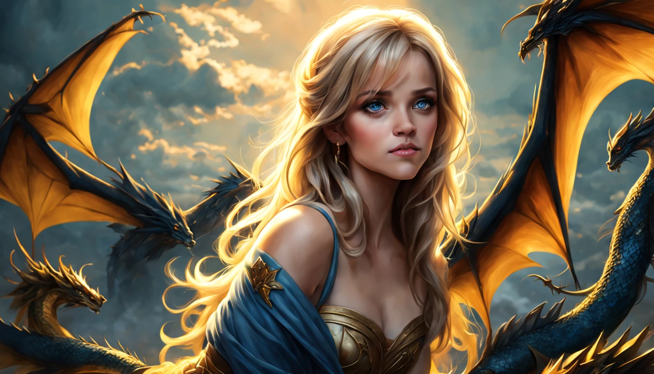 ((melhor qualidade)), ((obra-prima)), (detalhado), Empress Dragon "Reese Witherspoon", olhos realistas, cabelo preto, olhos azuis, seios pequenos, vestido Amarelo de setin koreano sensual, paisagem maligna, ethereal beauty, (Fantasy Illustration:1.3), olhar encantador, pose cativante, garota solo, charme sobrenatural, mystical sky, noite enluarada, cores suaves, (paisagem nublada detalhada:1.3), (alta resolução:1.2) (Blue dragon flying in the sky) vestido Amarelo sobre uma colina, An army passing far into a canyon below.