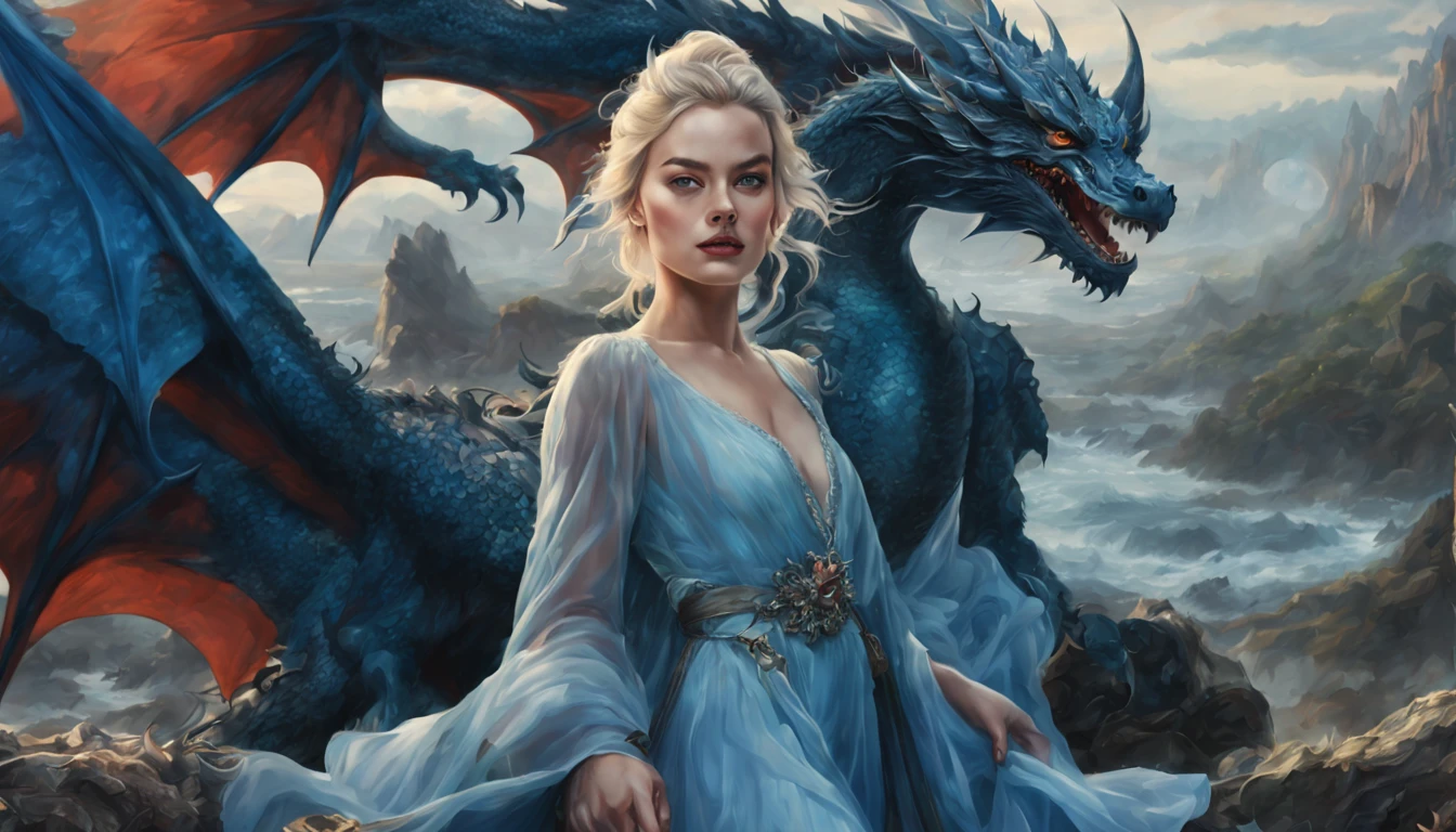 ((melhor qualidade)), ((obra-prima)), (detalhado), Empress Dragon "Margot Robbie", olhos realistas, cabelo preto, olhos azuis, seios pequenos, vestido vermelho de setin koreano sensual, paisagem maligna, ethereal beauty, (Fantasy Illustration:1.3), olhar encantador, pose cativante, garota solo, charme sobrenatural, mystical sky, noite enluarada, cores suaves, (paisagem nublada detalhada:1.3), (alta resolução:1.2) (Blue dragon flying in the sky) vestido vermelho, sobre uma colina, An army passing far into a canyon below.