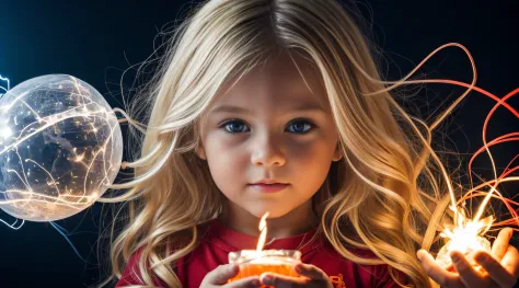 a close-up of a blonde child with long hair, BIG BALL OF electrified ICE IN HANDS. FUMO VERMELHO SANGUE VERMELHO.
