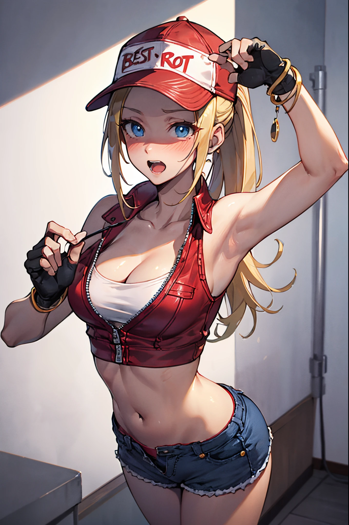 (masterpiece), best quality, expressive eyes, perfect face, highres, (8k), (perfect face), (ultra details), 1 girl, solo, terry bogard girl, blonde hair, ponytail, blue eyes, long hair, baseball cap, fingerless gloves, denim shorts, shoes, blushing, frightened, anguished, open-mouthed, room background, no posing, standing, portrait, looking her hands
