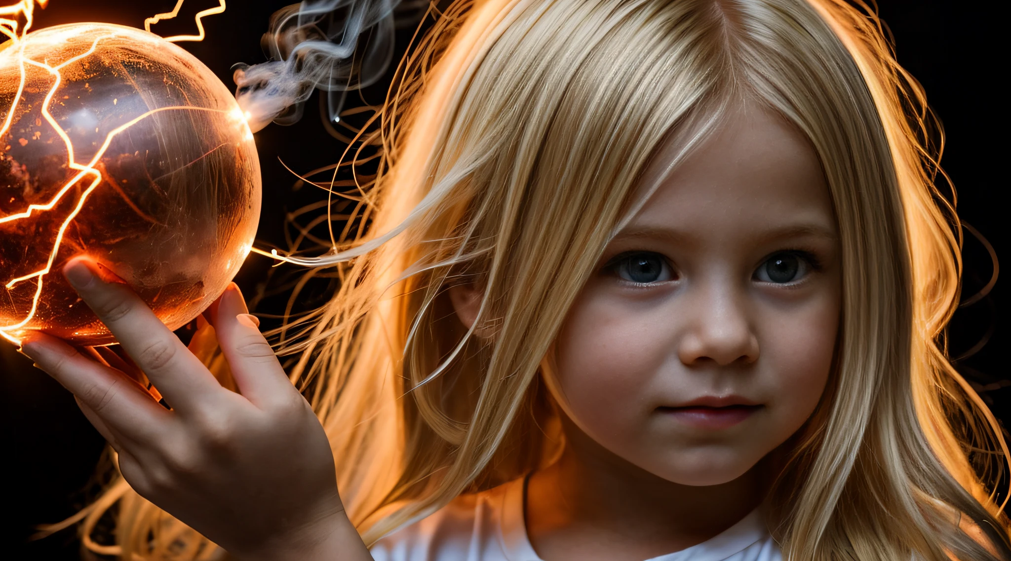 a close-up of a blonde child with long hair, BIG BALL OF electrified ICE IN HANDS. FUMO DIABO VERMELHO.