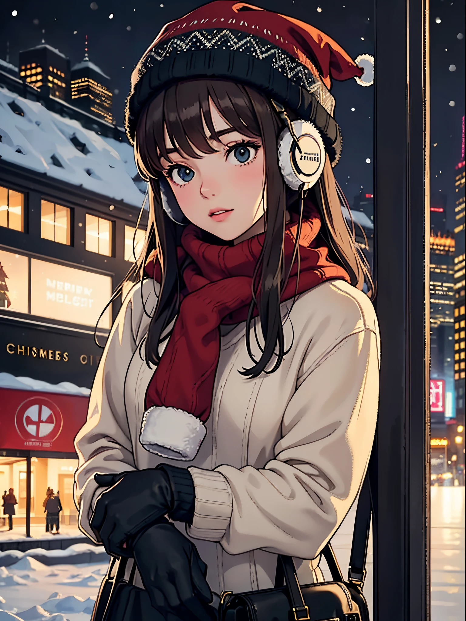 lofi chilled one brunette girl with headphones drives inside bus, thinking, looking up, head bend. finger touches thin. winter night, it's snowing a lot. beautiful landscape New York Rockefeller Center with huge (Christmas trees) lights. travel. tourist warm clothes, gloves, winter hat. long hair. front view, christmas sweater
