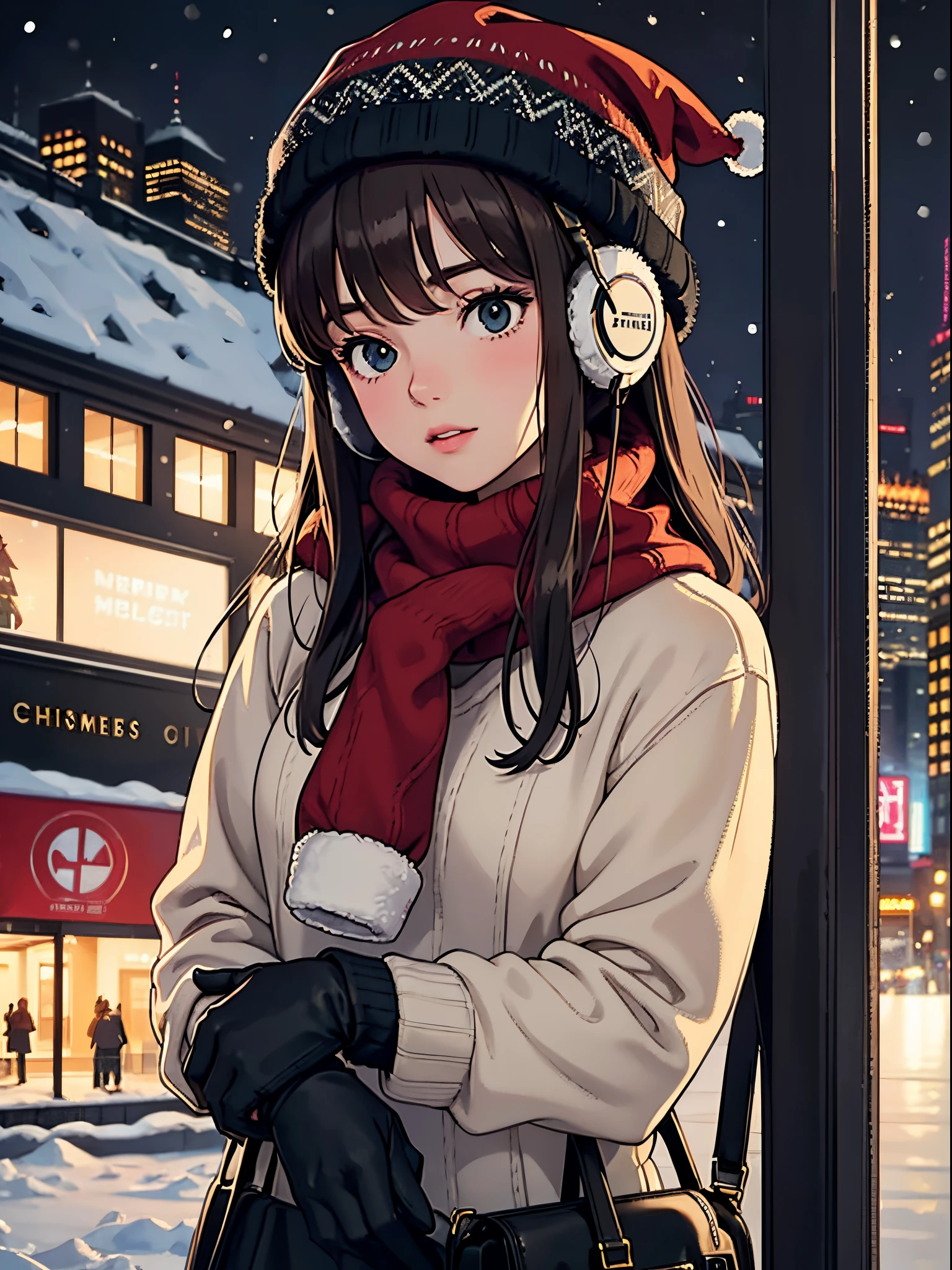 Lofi a refroidi une fille brune avec des écouteurs qui conduit à l&#39;intérieur du bus, Pensée, levant les yeux, courbure de la tête. le doigt touche finement. Nuit d&#39;hiver, il neige beaucoup. beau paysage New York Rockefeller Center avec d&#39;énormes (Arbres de Noël) lumières. voyage. vêtements chauds pour touristes, gants, chapeau d&#39;hiver. cheveux longs. vue de face, Pull de Noël