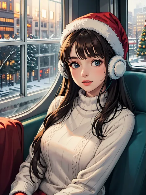 lofi relaxed one brunette girl with headphones drives inside bus, looks through window, head glued to window. winter night, it's...