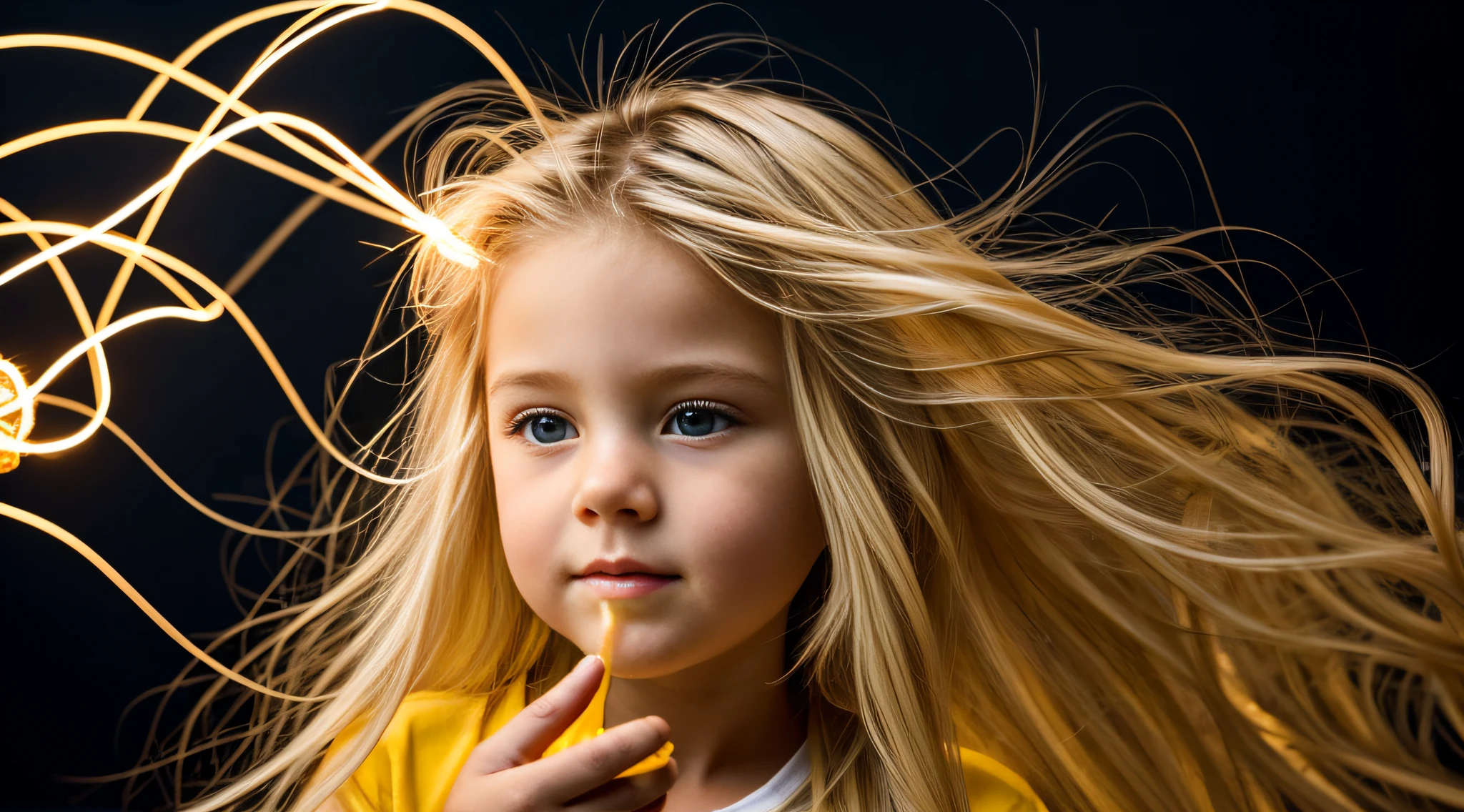 a close-up of a blonde child with long hair, BIG BALL OF electrified ICE IN HANDS. FUMO amarelo.