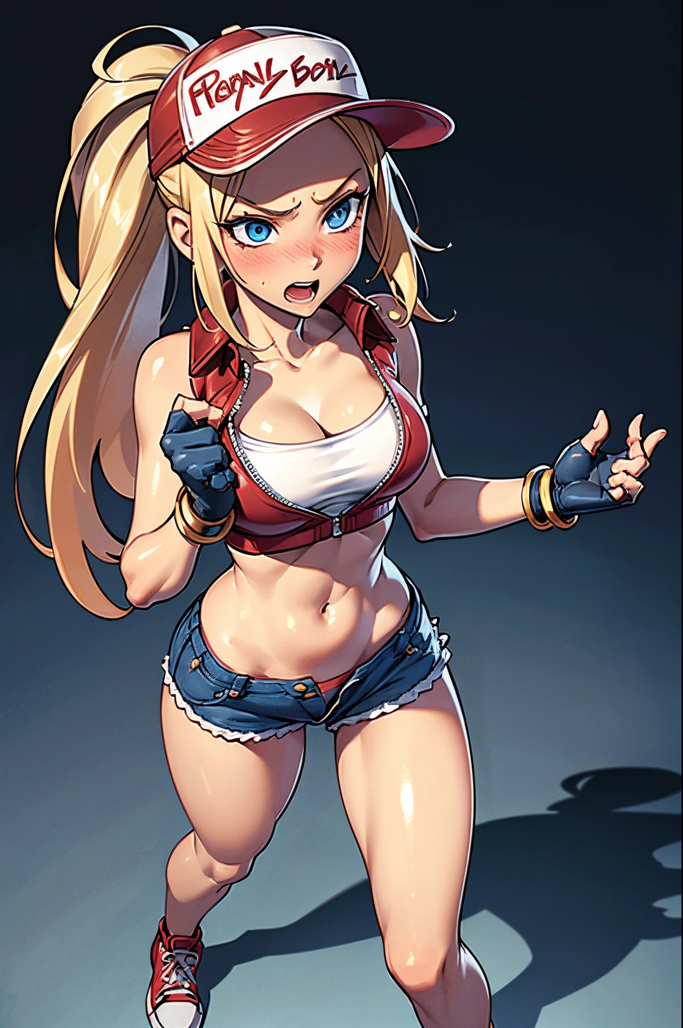 (masterpiece), best quality, expressive eyes, perfect face, highres, (8k), (perfect face), (ultra details), 1 girl, solo, terry bogard girl, blonde hair, ponytail, blue eyes, long hair, baseball cap, fingerless gloves, denim shorts, shoes, hands on own chest
, blushing, frightened, anguished, open-mouthed, room background, no posing, standing, portrait, looking down