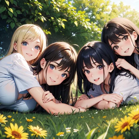 4 girl's 18 years old, laying down on grass of flower, smiling face, sunny day, looking at viewer