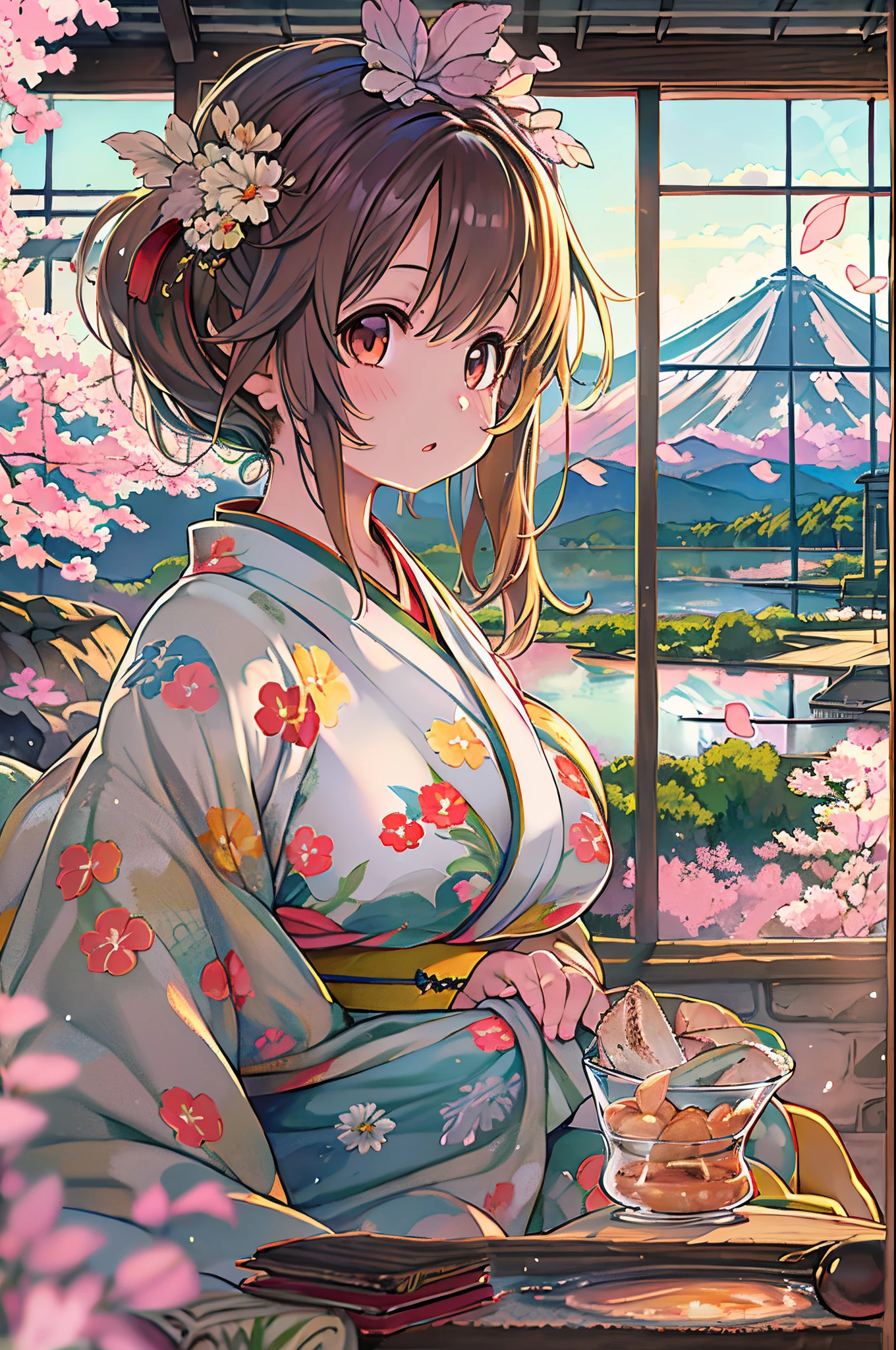 Best Quality, masutepiece, Extremely detailed, Detailed background, Detailed eyes, Anime, 1girl in, Beautiful eyes, Young Girl, a girl with long hair, expressive faces, Kimono, Retro, Mt. Fuji Scape, Outdoors, Sunset, Beautiful sky, Picnic on the lake, landscape, Scenery, Horizon, Mountains sitting near mountains, Wind, flower petals, spring, Looking away, Atmospheric lighting, reflection, Naturalistic, detail, Realism. Relaxation, Beauty, Solo Focus, close up, From Side, depth of fields, Bokeh、Swiss Rolls