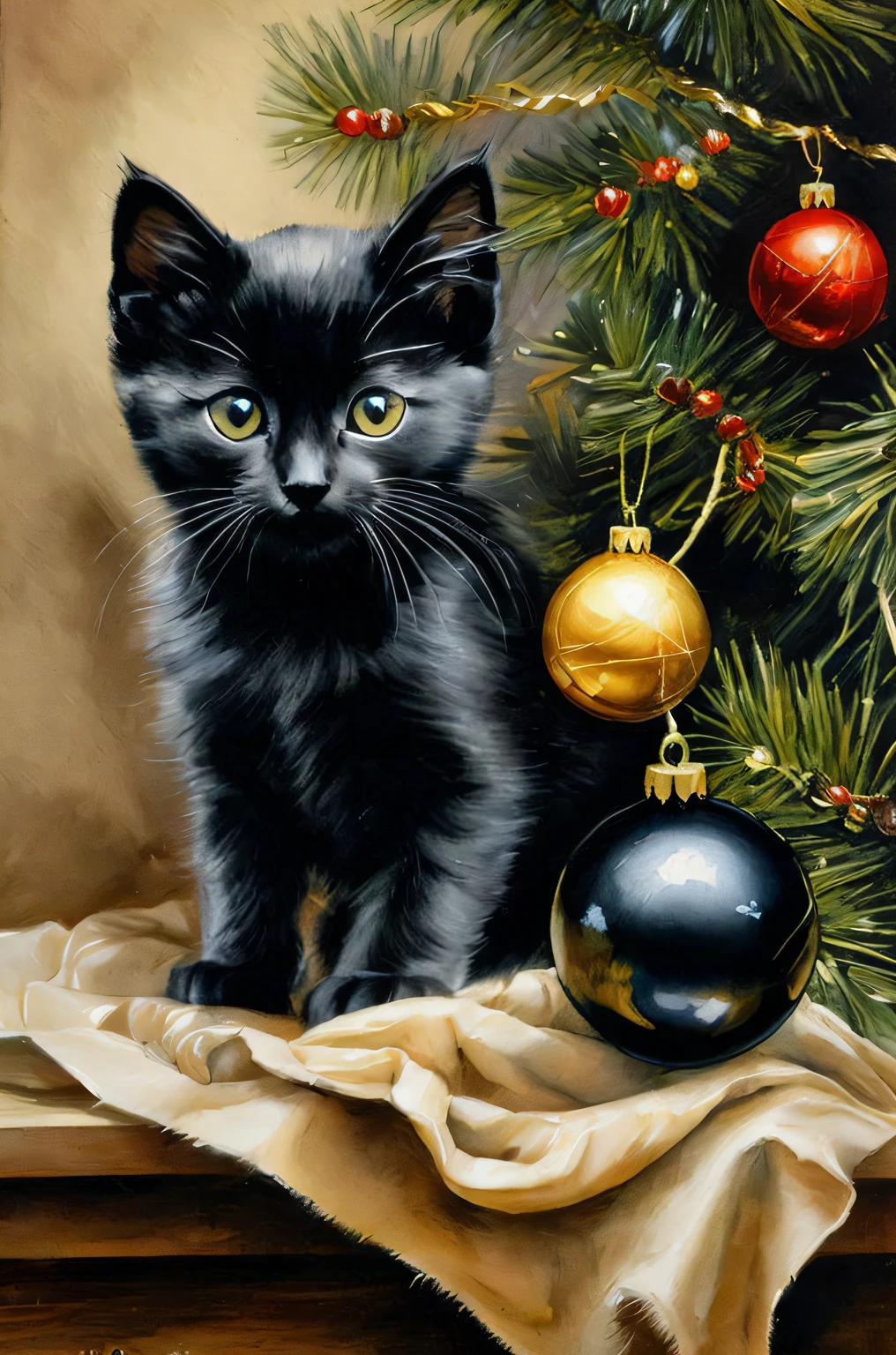 黒い子猫と絵を描く, 私'私はクリスマスツリーの隣に座っています