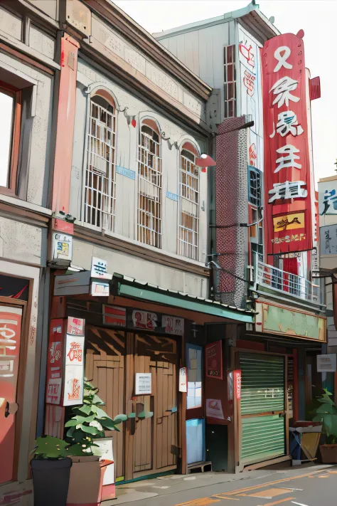 There is a building，There is a sign on it，It says sushi, like jiufen, neat buildings、intensive, seen from outside, old shops, Fu...