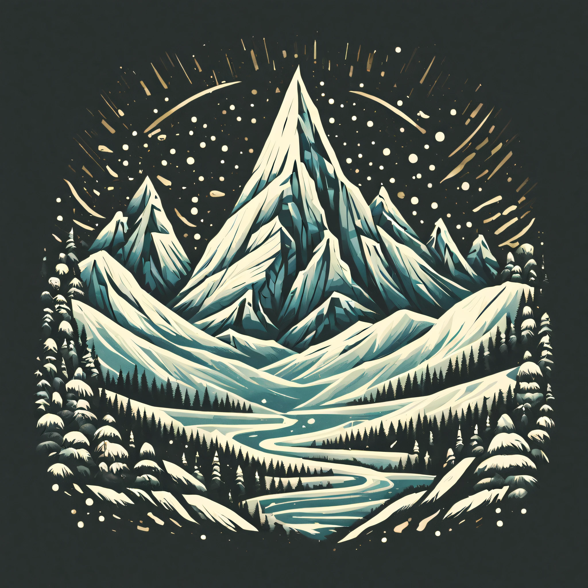 conception de t-shirt, peinture d&#39;une montagne enneigée avec de grosses chutes de neige, a peinture détaillée by Petros Afshar, gagnant du concours Shutterstock, art environnemental, peinture détaillée, art décrit, Art minimal 2D, fond isolé pour le logo