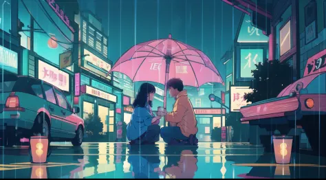 Rua encharcada pela chuva, Guarda-chuvas coloridos pontilham a paisagem urbana com salpicos azuis e rosa. Neon sign in retro sty...