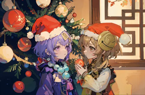 2 small kids girls decorating a christmas tree
