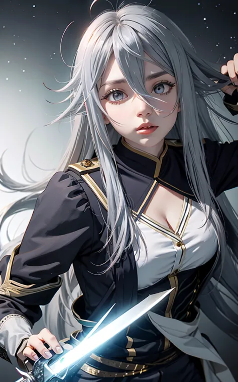 vladilenalora, long hair, grey eyes, grey hair, sword, dynamic pose