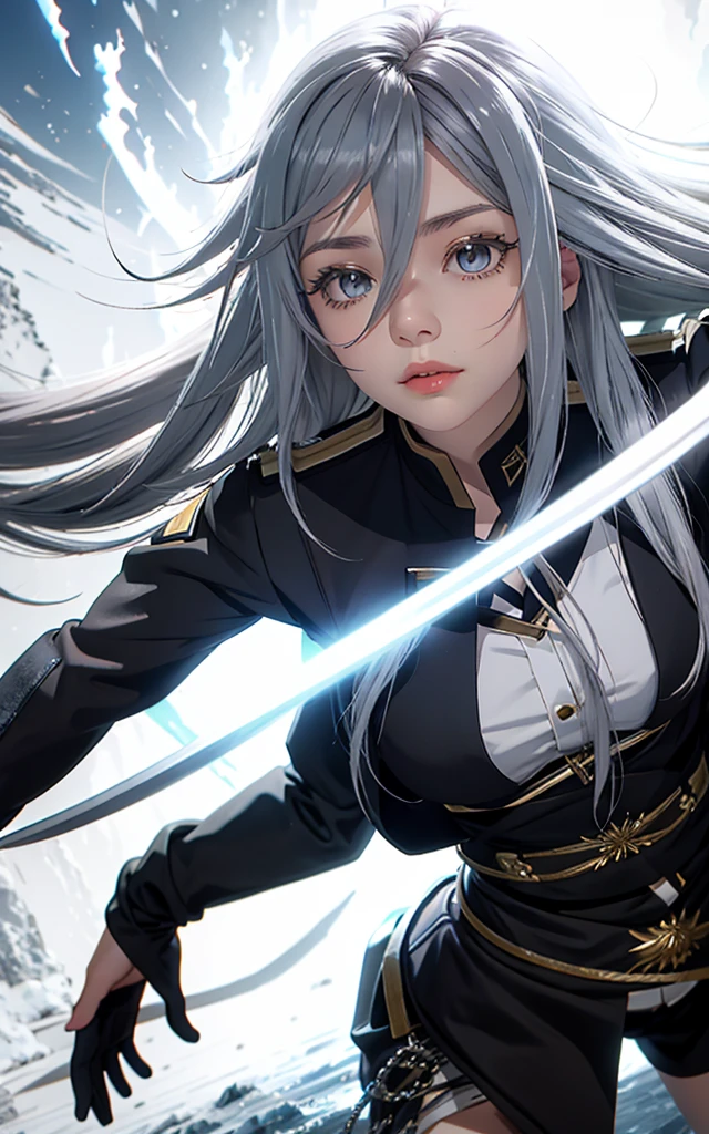 VladilenaLora, long hair, grey eyes, grey hair, sword, dynamic pose