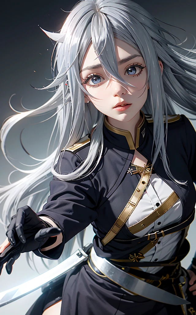 VladilenaLora, long hair, grey eyes, grey hair, sword, dynamic pose