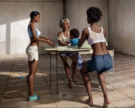 Draw an intense and realistic scene inside a favela shack, where a 78-year-old woman, with wrinkled brown skin, is sitting next ...