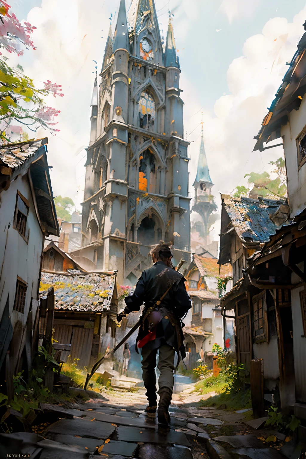 anime style image of a man walking down a street with a sword, art in the style of Guweiz, clean conceptual art, 2. 5 d CGI动漫奇幻艺术作品, Silvain Sarrailh, inspired by Carl Spitzweg, painted as a game concept art, painterly concept art, Atey Ghailan 8 K, stylized concept art