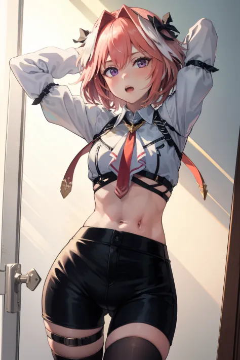 absurdres, masterpiece, best quality, (astolfo fate:1.2155), 1boy, male focus, solo, trap, pink multicolored hair, pink hair, white hair, hair intakes, long hair, pink detailed eyes, crossdressing, black panties, exposed navel,cowboy shot,white shirt, pant...