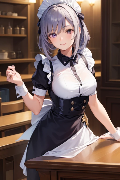 1girl, rubbing the perineum, Table hump, Dress, looking a viewer, Smile, maid uniform,, Masterpiece, Best Quality, Highly detailed