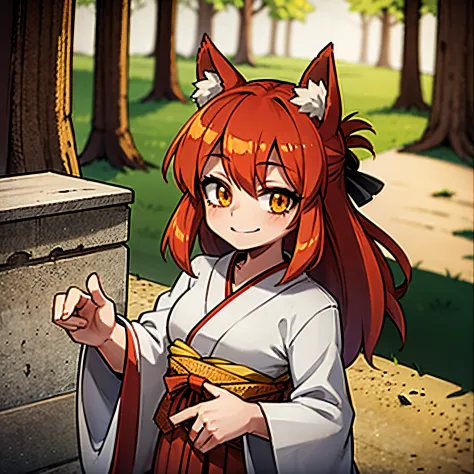 1 girl, kitsune, red hair, long hair, yellow eyes, red fox ear in head,1 fox tail, with white kimono, xinto kimono, in a forest,...